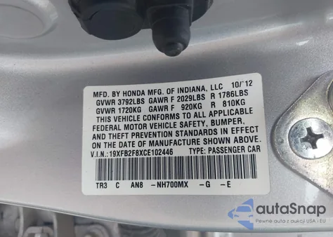 2012 Honda Civic Ex from USA, damaged, VIN 19XFB2F8XCE102446